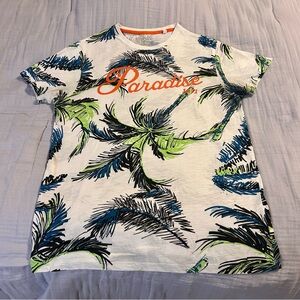 Primark Women’s Cotton Paradise Palm Tee - White, Blue, Green, Orange Sz M